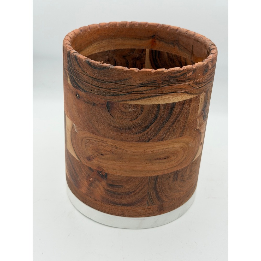 Acacia Wood and White Marble Utensil Holder Wine Chiller Crock Made in India